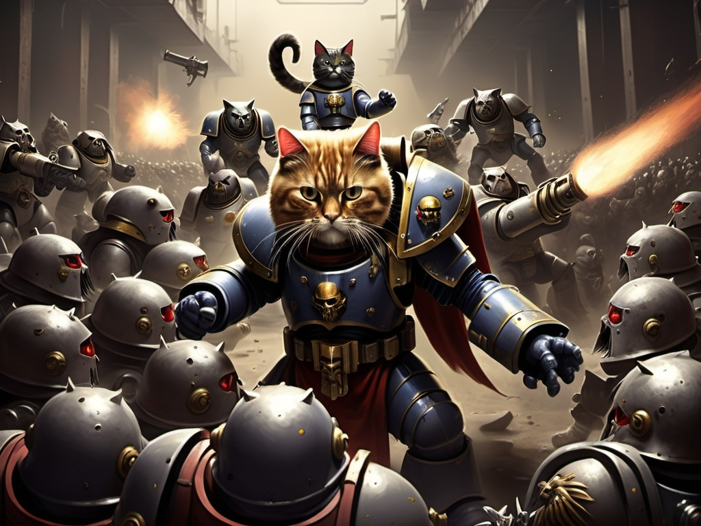 Prompt: Battle fight scene, Everyone has a cat head, Emperor of mankind, addresses space marine legion, cat headed soldiers, warhammer 40k, industrial zone, enemy demons fight cat