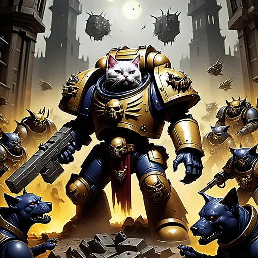 Prompt: in a gothic war hammer 40k hive city, Everyone has a cat head, warhammer 40k space marine fighting to the death a corrupted dog headed warhammer 40k chaos space marine