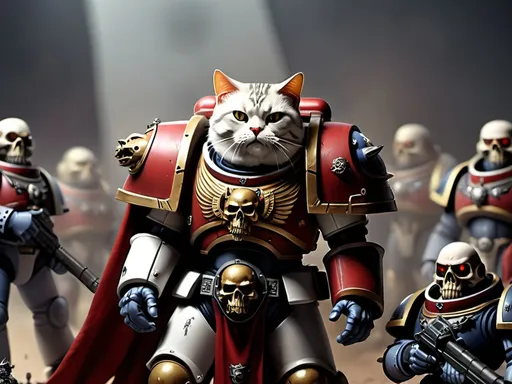 Prompt: Everyone has a cat head, Emperor of mankind, addresses space marine legion, cat headed soldiers, warhammer 40k, Forge world setting, live battle against demon headed space marine