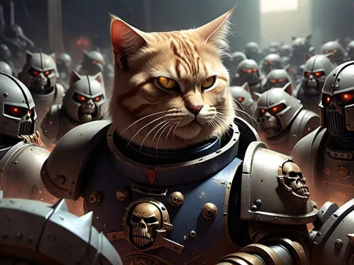 Prompt: Battle fight scene, killing demons,  Everyone has a cat head, Emperor of mankind, addresses space marine legion, cat headed soldiers, warhammer 40k, industrial zone, enemy demons fight cat