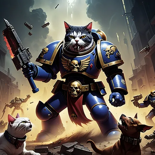 Prompt: A cat headed warhammer 40k space marine fighting to the death a corrupted demon dog