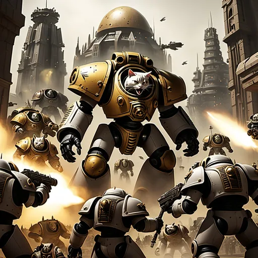 Prompt: Warhammer 40k hive city skyline, everyone has a cat head, warhammer 40k Titan class fires missiles at a warhammer 40k enemy gargant, space marine legions surround them live action battle