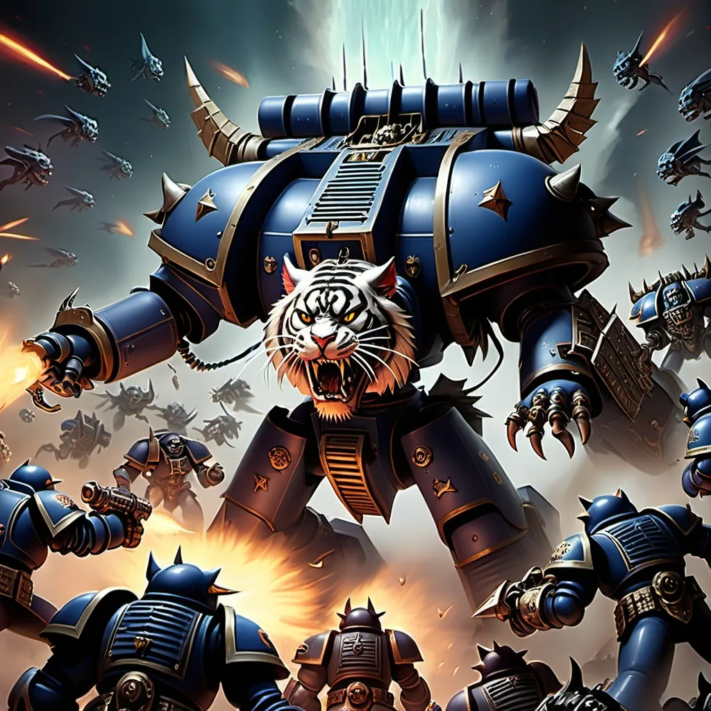 Prompt: Warhammer 40k battle frigate, swarming with hordes of cat gargoyles exiting the warp, everyone has a tiger head, warhammer 40k space marines lie defeated on the ground