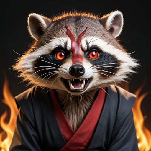 Prompt: Photorealistic akatsuki raccoon god angry fire eyes with facial piercings growling showing terth