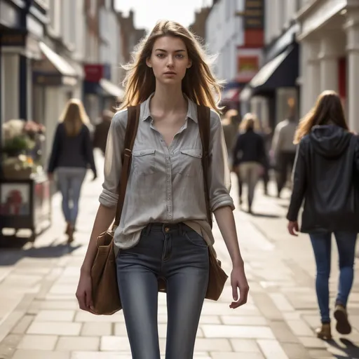 Prompt: Tall young woman walking down the high street, detailed clothing, realistic, natural lighting