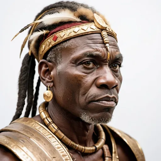 Prompt: portrait photo of a african old warrior chief, tribal panther make up, gold on white, side profile, looking away, serious eyes, 50mm portrait photography, hard rim lighting photography