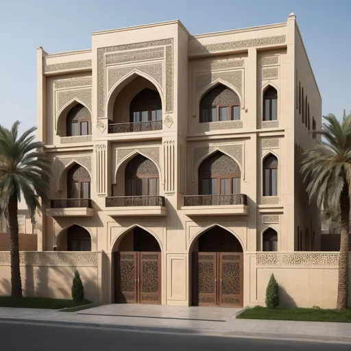 Prompt: Architectural Layout of a Classic House in Baghdad with Islamic Influence. The dwelling comprises two levels with a prominent arched entryway. Square windows adorn the ground floor, while the upper floor is graced with narrow arched windows. For a lifelike high-resolution rendering of the complete facade, it is advisable to seek guidance from a proficient architect or designer with experience in architectural visualization. Such a professional can skillfully capture the delicate nuances of the traditional Baghdad residence, incorporating its Islamic design elements to create a visually striking and accurate portrayal of the facade. Engaging with an expert in architectural design guarantees that your aspirations for the classic house are realized with exactitude and innovation.To further enhance the authenticity of the architectural layout, consider incorporating traditional geometric patterns and intricate calligraphy on the exterior walls. These elements, typical of Islamic architecture, will not only add cultural richness but also elevate the aesthetic appeal of the classic house. By consulting a skilled architect or designer well-versed in Islamic architectural principles, you can ensure that every detail, from the Mashrabiya windows to the ornate doorways, reflects the true essence of Baghdad's architectural heritage. Embrace the opportunity to bring this classic house to life in a way that honors its historical roots while infusing it with contemporary elegance and style.