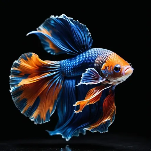 Prompt: A stunning Sapphire Blue and Orange Betta Fish with fins made entirely of swirling, colorful smoke, showing intricate, vividly detailed smoky patterns, full body visible in crystal clear water, dark background, Tilt-shift.