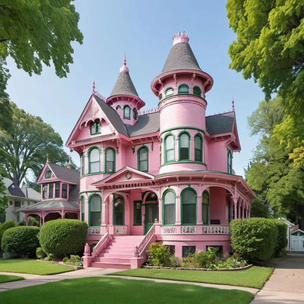 Prompt: Pink two-story Victorian home with turrets, gables, and dormer windows with green and white trim.