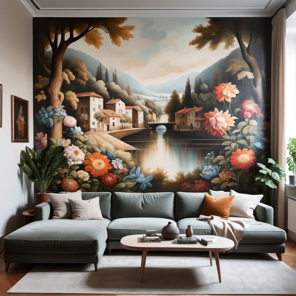 Prompt: The image portrays a cozy living room, featuring a comfortable couch and an impressive large-scale painting, showcasing the beauty and impact of mural art and large paintings in enhancing interior spaces.