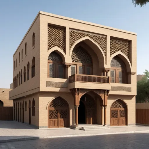 Prompt: Architectural Design of a traditional house in Baghdad with two floors and fair face brick work, main entrance is semi-circle Islamic arch in ground floor, and second floor built with wooden and square windows covered with timber ornamented grills, first floor set front as cantilever over ground floor, shade and shadows with real colors
