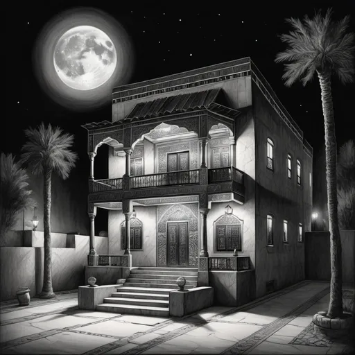 Prompt: Traditional Baghdad-style house in black and white, freehand pencil sketch, architectural design at night showcasing classical Iraqi features, ambient lighting effects from moon and street lamps, soft shadows, intricate details like geometric tiles and wooden trimmings, ink, moonlit vista, chiaroscuro, shaded textures, pen and ink, dramatic lighting.