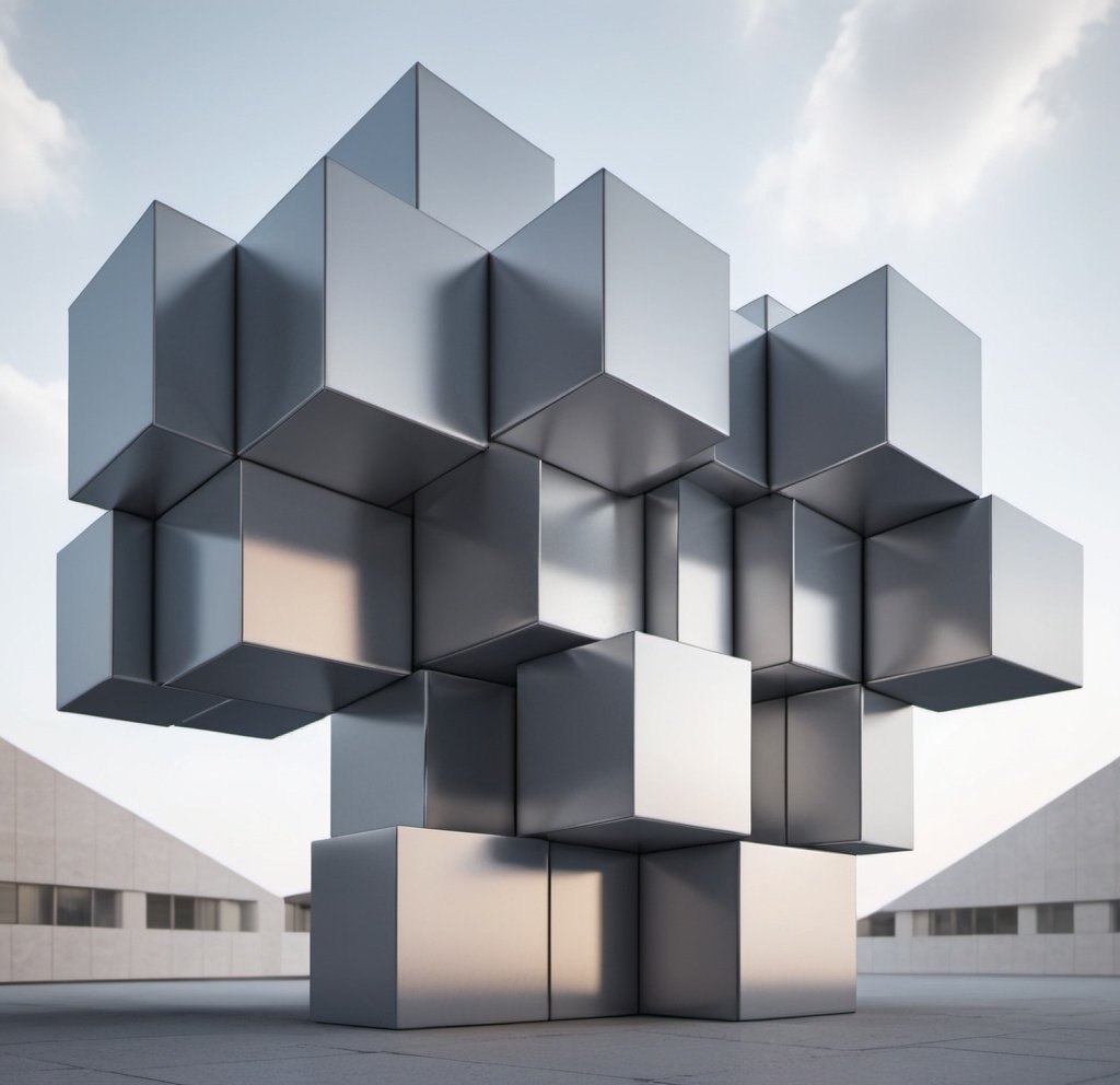 Prompt: Architectural design of a building gathering many cubes