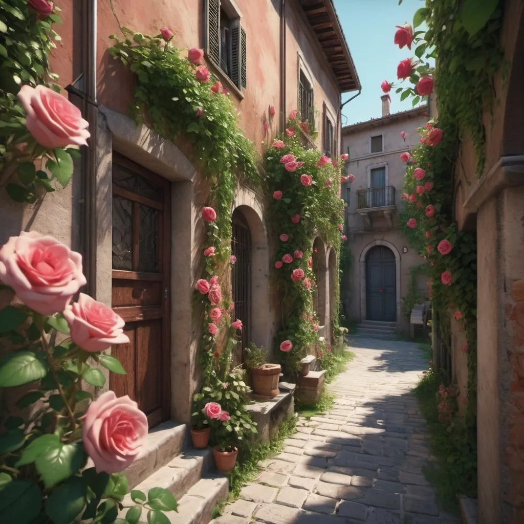 Prompt: Closeup.Rich colors,intense sharp,8K.3D render.A smal alley in an old italian town, houses overgrown with blooming roses, lots of details, photorealistic, UHD, 8K.