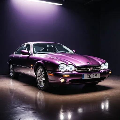 Prompt: a metallic dark purple 90s Jaguar car with a Jaguar sitting next to the front of the car. total dark atmosphere. in a photo studio with the Jaguar sitting on its belly and dramatic natural lighting, shiny wet floor