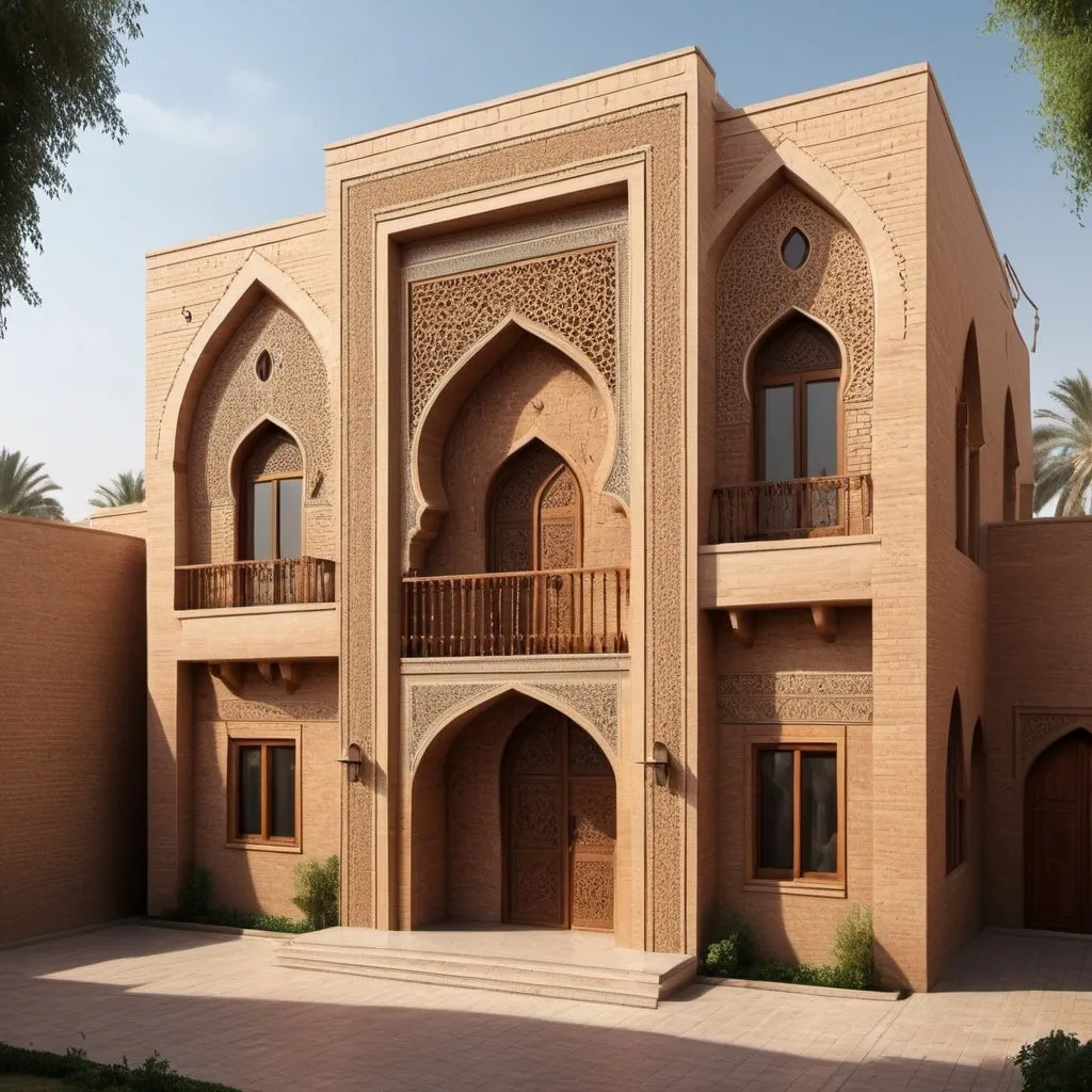 Prompt: Architectural design of traditional house in Baghdad, Abbasid style, fair face brickwork elevation, pointed arch entrance, flat windows, Shansheel in upper floor, detailed brickwork, intricate carving, traditional design, high quality, detailed rendering, architectural, Abbasid style, traditional house, intricate details, warm tones, natural lighting