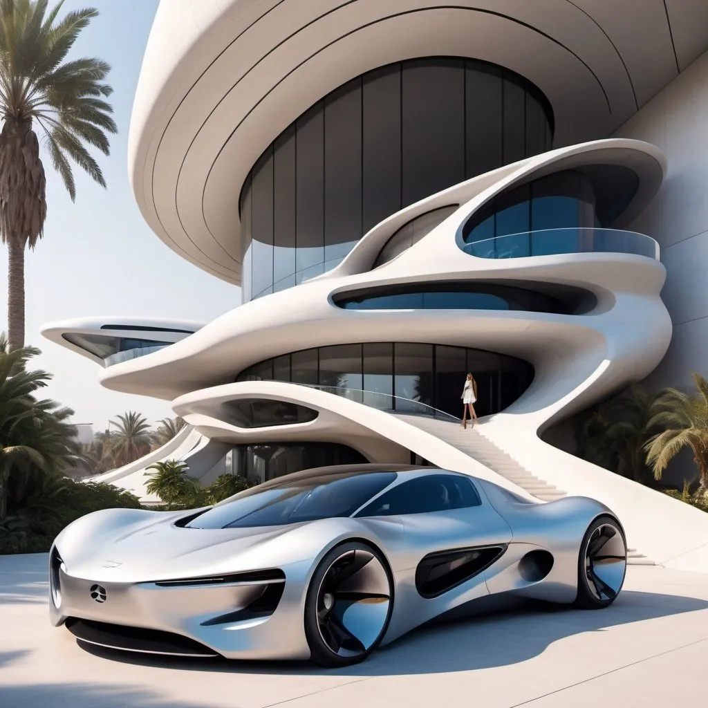Prompt: Architectural design of futuristic house in the year 2074, modern materials and Technics with realistic photo of building and background, Zaha Hadid Style, with a car and woman in front with palm-dates trees