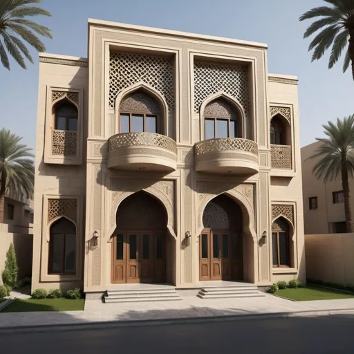 Prompt: Architectural Layout of a Classic House in Baghdad with Islamic Influence. The dwelling comprises two levels with a prominent arched entryway. Square windows adorn the ground floor, while the upper floor is graced with narrow arched windows. For a lifelike high-resolution rendering of the complete facade, it is advisable to seek guidance from a proficient architect or designer with experience in architectural visualization. Such a professional can skillfully capture the delicate nuances of the traditional Baghdad residence, incorporating its Islamic design elements to create a visually striking and accurate portrayal of the facade. Engaging with an expert in architectural design guarantees that your aspirations for the classic house are realized with exactitude and innovation.To further enhance the authenticity of the architectural layout, consider incorporating traditional geometric patterns and intricate calligraphy on the exterior walls. These elements, typical of Islamic architecture, will not only add cultural richness but also elevate the aesthetic appeal of the classic house. By consulting a skilled architect or designer well-versed in Islamic architectural principles, you can ensure that every detail, from the Mashrabiya windows to the ornate doorways, reflects the true essence of Baghdad's architectural heritage. Embrace the opportunity to bring this classic house to life in a way that honors its historical roots while infusing it with contemporary elegance and style.