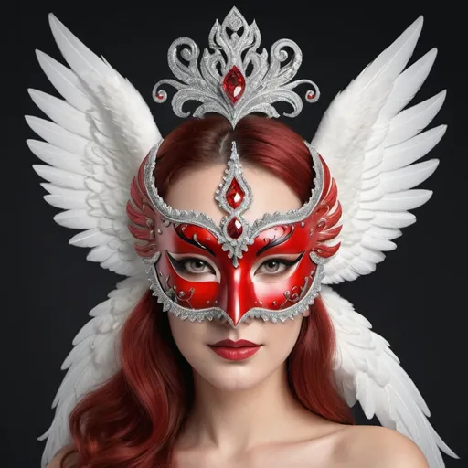 Prompt: Create a realistic picture of Red venetian mask with Grey diamonds around the eyes and swan's wings around the head
