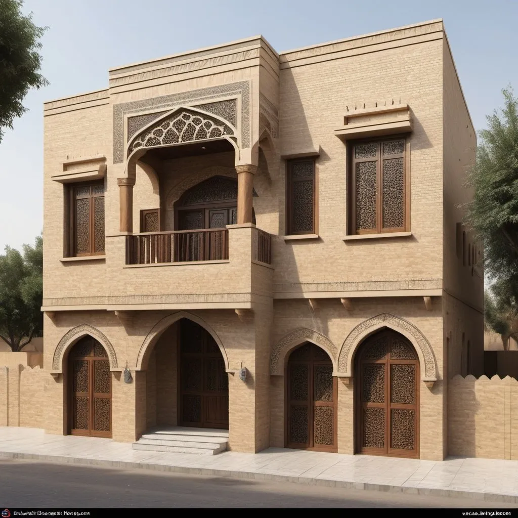 Prompt: Architectural Design of traditional house in Baghdad with Abbasid Style, fair face brick work elevation