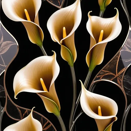 Prompt: Macro photography, exotic gold striped Calla Lilly cluster by lacquered glass ivy. Soft smoke, lily on a black fractal mosaic background. Chrome and bronze,