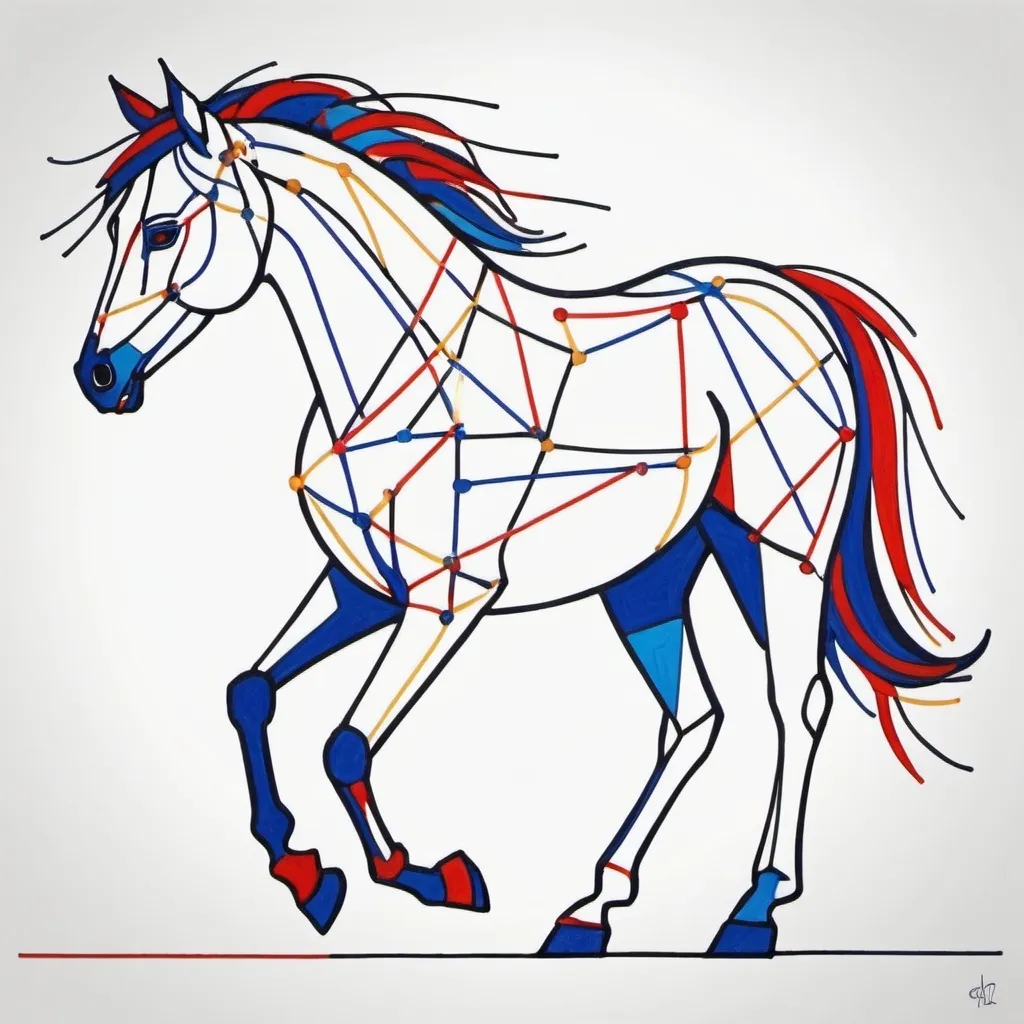 Prompt: Create an abstract, minimalist [horse] using continuous line art. The [horse] is stylized and simplified to the most basic forms, with exaggerated features. adorned with splashes of primary colors. The background should be clean and mostly white, with subtle geometric shapes and thin, straight lines that intersect with dotted nodes and overlap the figures. The overall aesthetic should be modern and artistic.