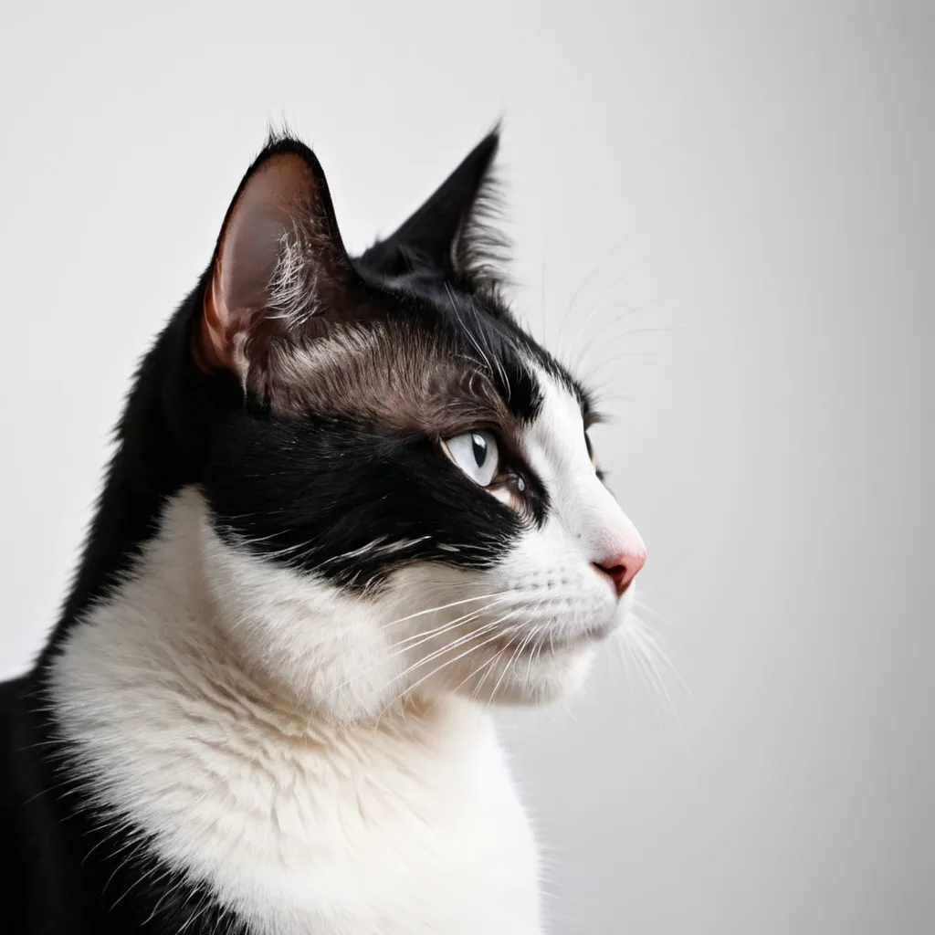 Prompt: black and white cat silhouette on white background with copy space - closeup view of head in profile, wildlife animal concept