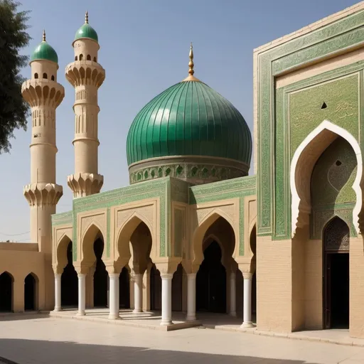 Prompt: a small mosque in Baghdad with Arabic style, one golden inclined dome, two green minarets, colonnaded arcade with Islamic white crown capitals, fair face brick work with pointed arches