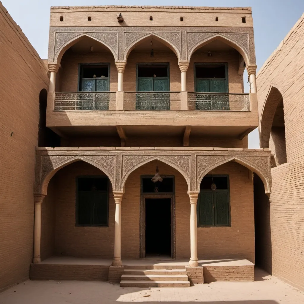 Prompt: a traditional house in Baghdad, Abbasid style, fair face brick work, two floors