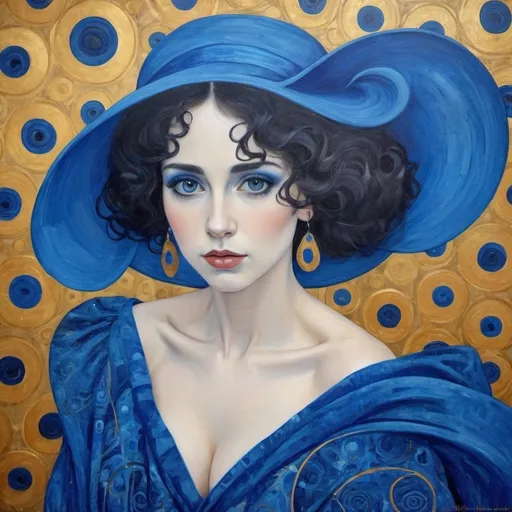 Prompt: "Lady in blue? Painted in the style of GUSTAV KLIMT"