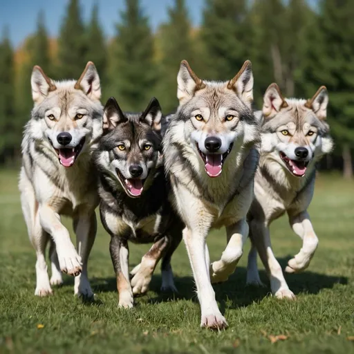 Prompt: three wolf dogs run on the grass