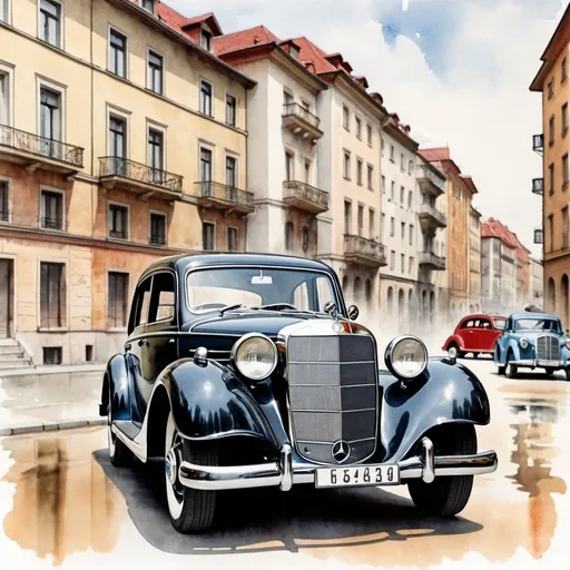 Prompt: Old design from the 1940's of the car Mercedes-Benz drawn by water  colors, full view and buildings as background