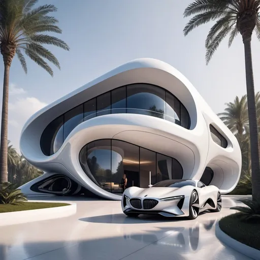 Prompt: Architectural design of futuristic house in the year 2174, modern materials and Technics with realistic photo of building and background, Zaha Hadid Style, with a car and woman in front with palm-dates trees