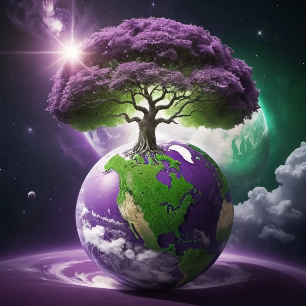 Prompt: An earth globe with a green single tree growing upon it, and its roots around the globe. White clouds. Purple space withe smaller planets.