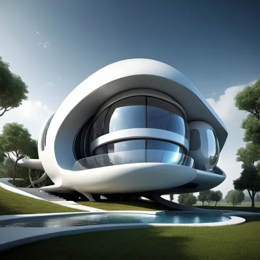 Prompt: Architectural design of futuristic house in the year 2074, modern materials and Technics 