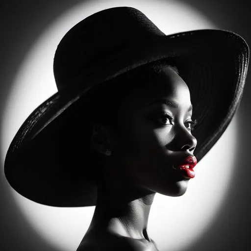 Prompt: "A high-contrast black and white shadow like silhouette of a young beautiful black African lady  with oversize hat and a red lips in profile, looking slightly upwards. The background is White,bright and the woman's features are in deep shadow, creating a striking silhouette effect. The lighting creates a soft halo around her head, emphasizing the profile."