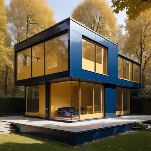 Prompt: a modernist house integrated with modern can in one form, in the years 2222, golden color and dark blue glass of windows