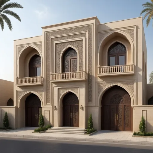 Prompt: Architectural Layout of a Classic House in Baghdad with Islamic Influence. The dwelling comprises two levels with a prominent arched entryway. Square windows adorn the ground floor, while the upper floor is graced with narrow arched windows. For a lifelike high-resolution rendering of the complete facade, it is advisable to seek guidance from a proficient architect or designer with experience in architectural visualization. Such a professional can skillfully capture the delicate nuances of the traditional Baghdad residence, incorporating its Islamic design elements to create a visually striking and accurate portrayal of the facade. Engaging with an expert in architectural design guarantees that your aspirations for the classic house are realized with exactitude and innovation.To further enhance the authenticity of the architectural layout, consider incorporating traditional geometric patterns and intricate calligraphy on the exterior walls. These elements, typical of Islamic architecture, will not only add cultural richness but also elevate the aesthetic appeal of the classic house. By consulting a skilled architect or designer well-versed in Islamic architectural principles, you can ensure that every detail, from the Mashrabiya windows to the ornate doorways, reflects the true essence of Baghdad's architectural heritage. Embrace the opportunity to bring this classic house to life in a way that honors its historical roots while infusing it with contemporary elegance and style.