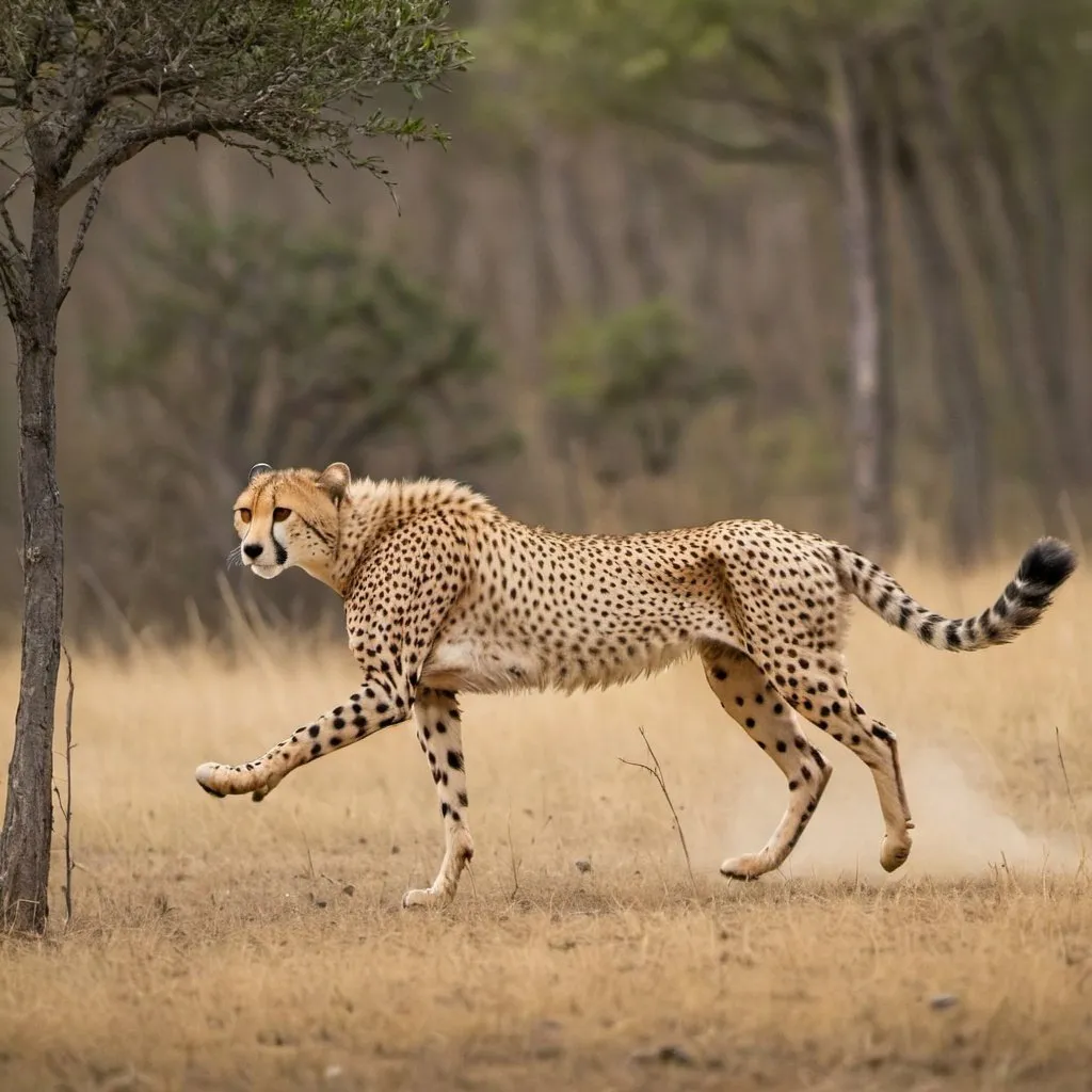 Prompt: a cheetah run after a deer in forest to hunt, show both as a full view