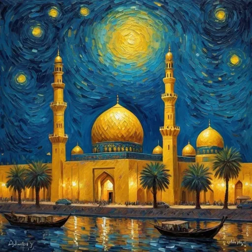 Prompt: create a painting of Baghdad (Iraq) in the style and color tone of Van Gogh's "Stary night" using the following parameters:
- Expressive brushstrokes
- Bold colors with a bluish tone
- Swirling patterns
- Emotional intensity
- Dynamic composition
- Impressionistic
- Vivid and textured
It is a view over the Mosque from the Adhamiya District. We can clearly identify Baghdad and its major sights in the painting.