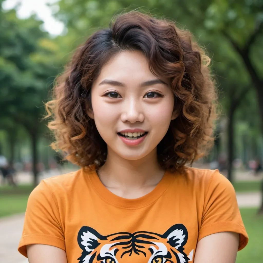 Prompt: asians with curly hairstyles very beautiful wear tiger shirts are in a park making faces