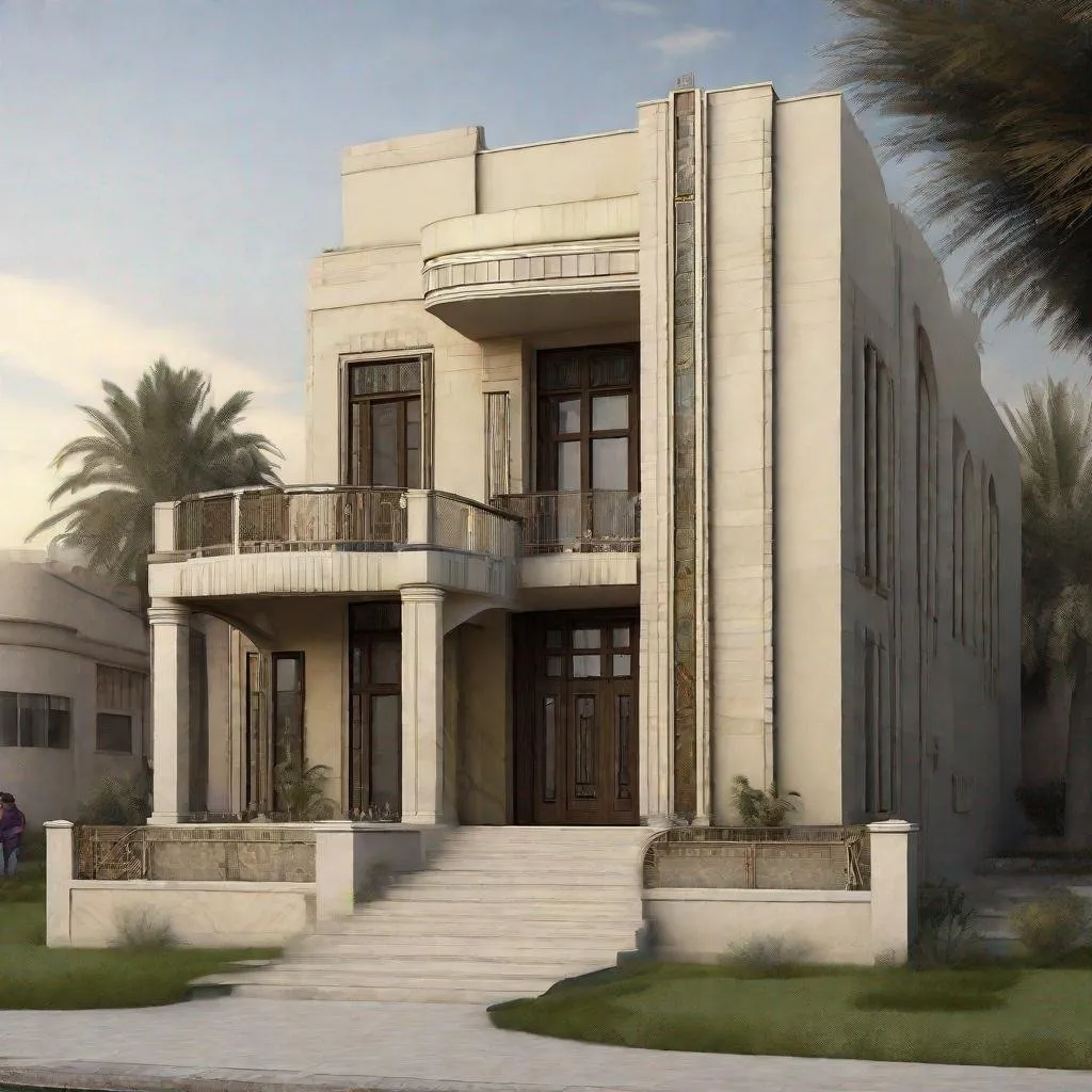 Prompt: Architectural Design of a house with Art-Deco style in Baghdad, elevation
