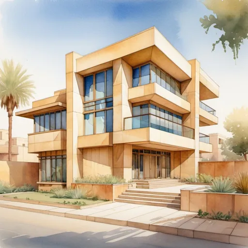 Prompt: Watercolor illustration of a Frank Lloyd Wright-inspired modern house in Baghdad, Iraq, showcasing freehand sketching with dappled daylight casting soft shadows across the facade, highlighting architectural design elements, natural light, ultra fine detail, volumetric lighting effects, golden ratio composition.