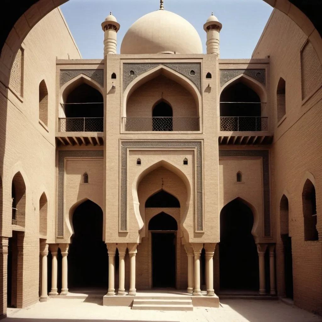 Prompt: a traditional mosque in Baghdad in 1900, Arabic style, fair face brick work for the ground floor and wooden ornamented grill upper floor, just two floors, no windows in ground floor just an entrance, windows in upper floor pointed arches, small, natural materials, light and shadows 