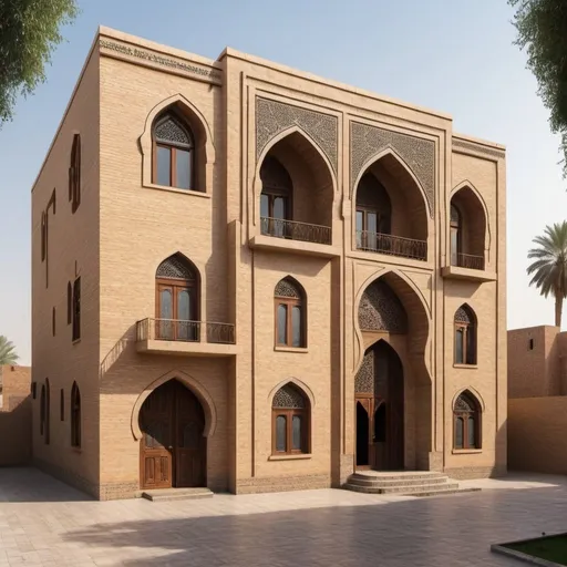 Prompt: Architectural Design of traditional house in Baghdad with Abbasid Style, fair face brick work elevation, just the entrance with pointed arch and other windows are flat, Shansheel in upper floor