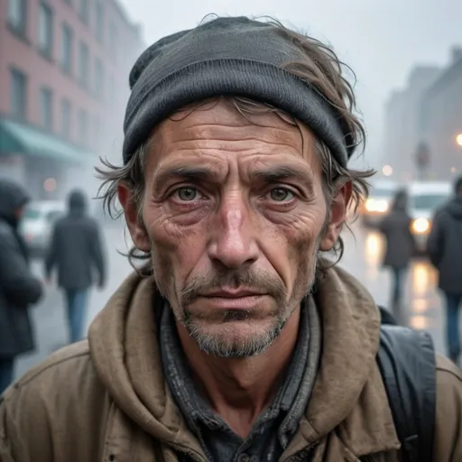 Prompt: beautiful handsome homeless, detailed face, foggy, 35mm, F/2.8, 4k, photojournalism, busy background, volumetric lighting, neo-expressionism, art photography