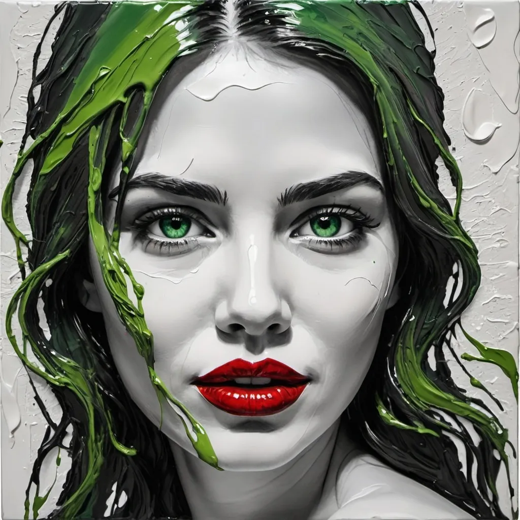 Prompt: Create an artistic oil portrait of a woman's face in impasto style and encaustic technique. 
The image is monochrome except for the red lips and green eyes. The entire portrait is characterized by flowing paint, which depicts paint flowing down the canvas. Artistic work. Lots of details. Very high quality.