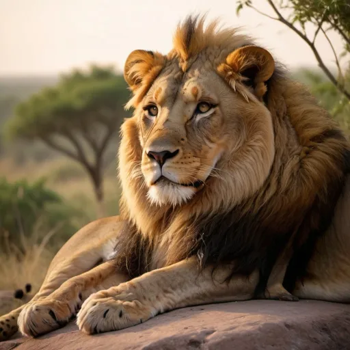 Prompt:  Firefly Highly detailed nature film photograph of a lion relaxing on a rock in the savanna. Late afternoon
