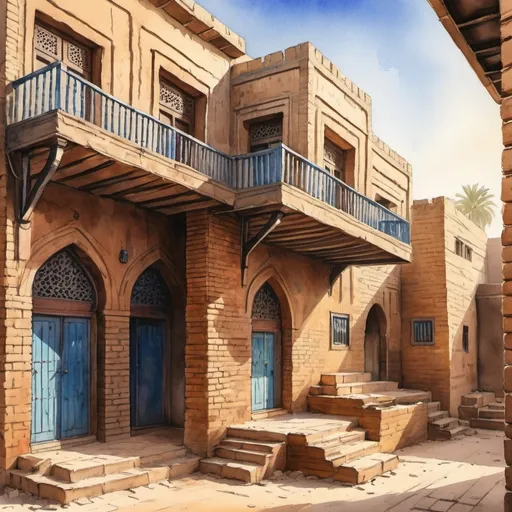 Prompt: Traditional house in Baghdad, Abbasid style architecture, captured in natural light during daytime, watercolor painting, sketched by hand, portraying dynamic lighting effects on the edifice, sun casting soft shadows and contrasts, vibrant hues of historic bricks and wooden accents, digital painting, ultra clear, highly detailed
