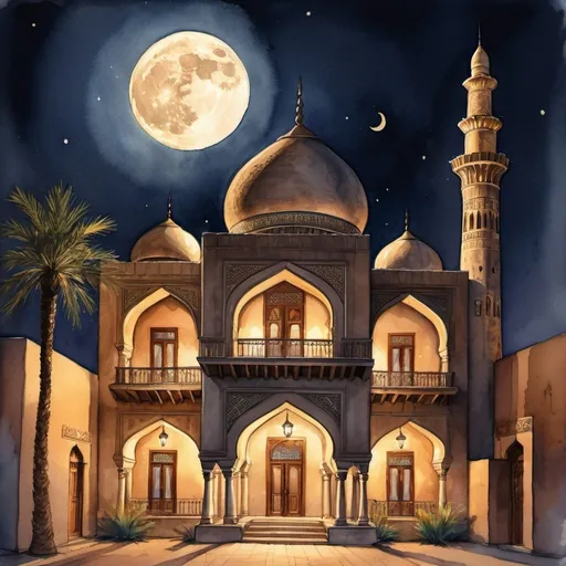 Prompt: Traditional Baghdad-style house under moonlit night, freehand watercolor painting with colored sketch, captures architectural design, soft glow of interior lights spilling onto intricate facade details, shadows cast by minarets, warm ambient lighting effects, high contrast between the dark sky and the illuminated structure, digital painting, dramatic lighting.